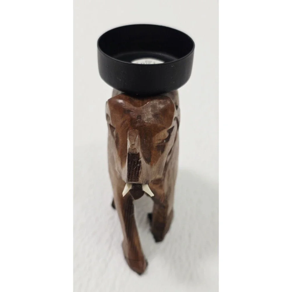 Vintage Wooden Carved Elephant Tea Light Candle Holder
